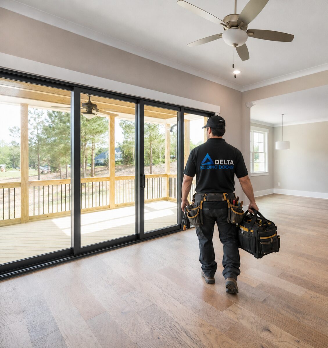 A Delta Sliding Doors technician carrying tools through a home with new sliding doors