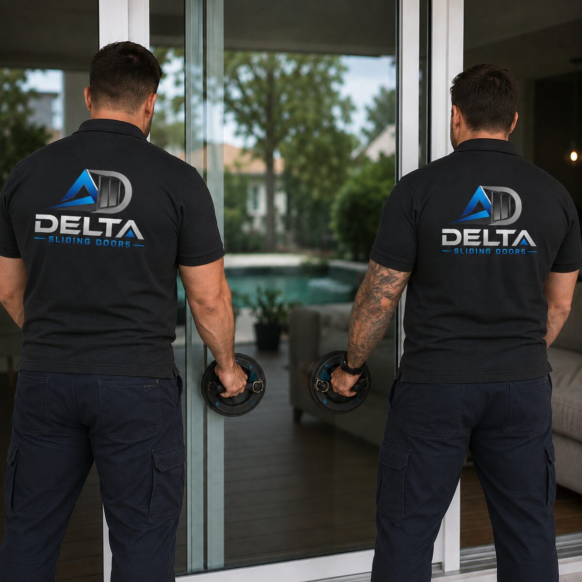 Delta Sliding Doors technicians setting a sliding glass panel