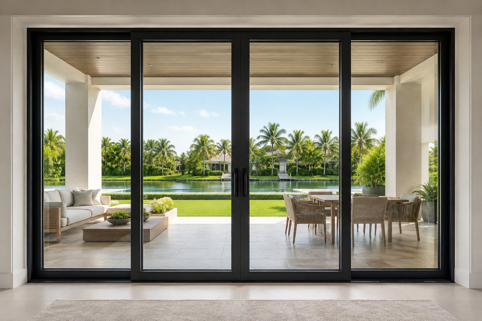 Modern black-framed sliding glass doors opening to a Florida backyard